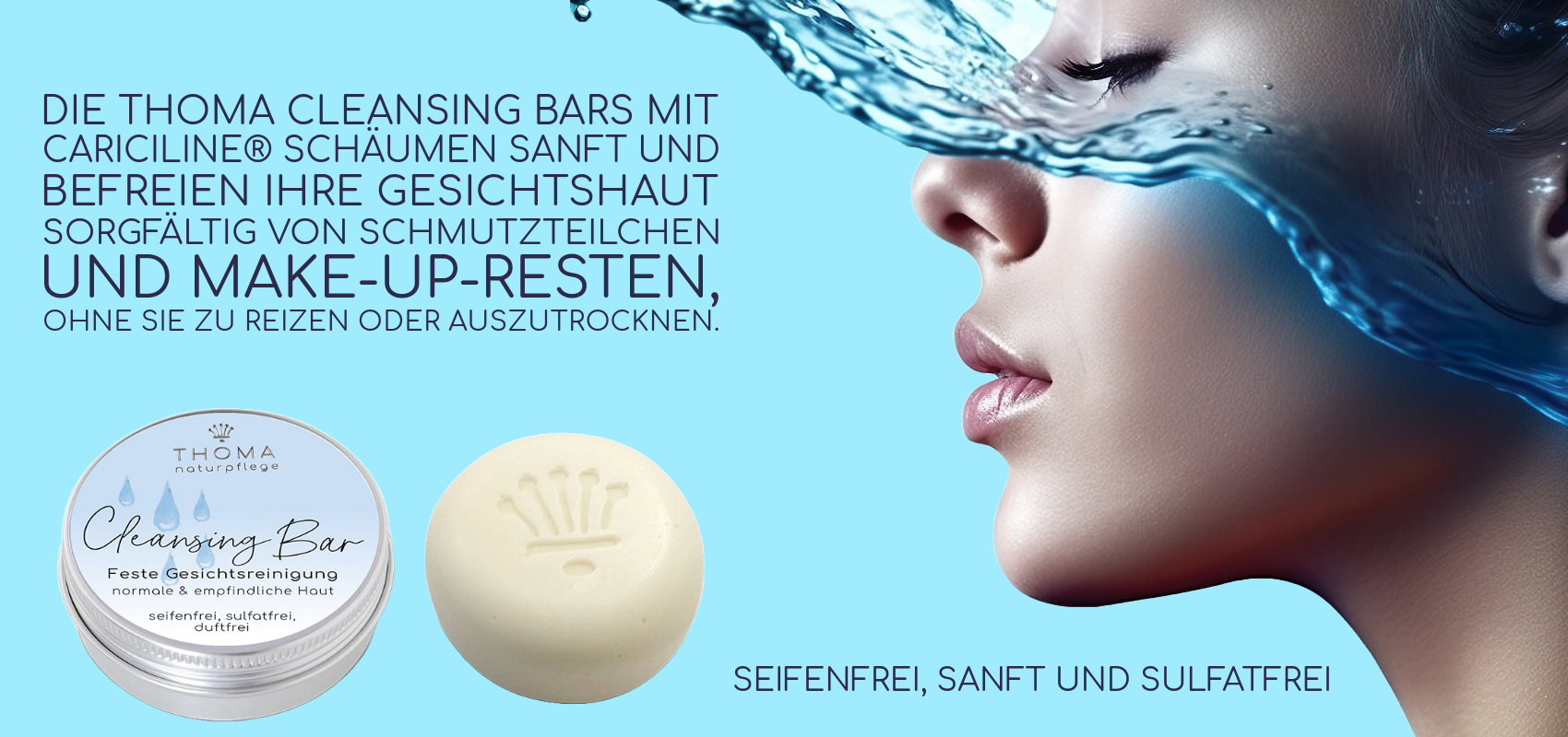 THOMA Cleansing Bar: Feste Gesichtsreinigung mit Cariciline® für normale und empfindliche Haut, befreit sanft von Schmutzpartikeln und Make-up-Resten – seifenfrei, sulfatfrei, duftfrei.